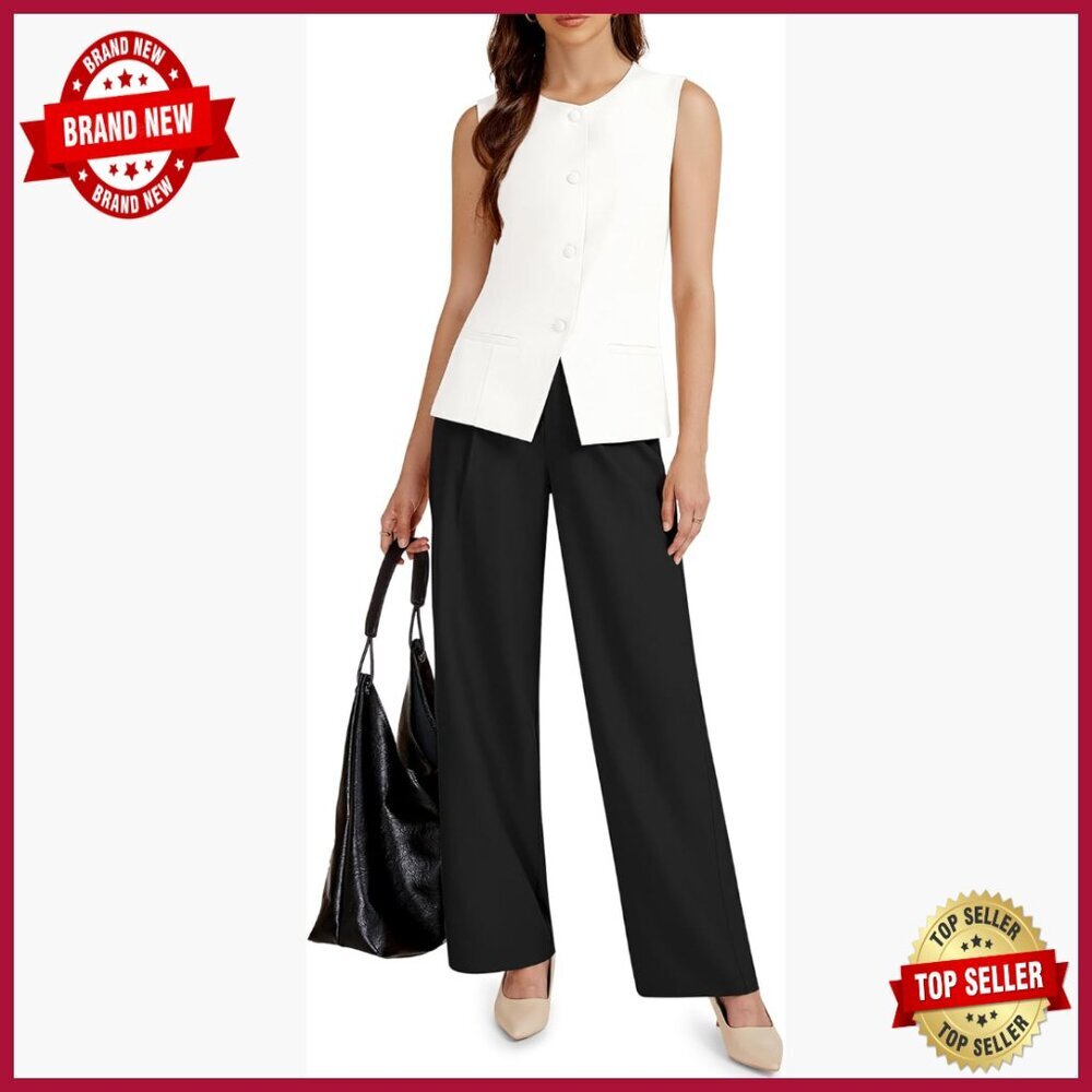 Sleeveless Vest & Wide Leg Pants Suit Set, Business Casual, Polyester